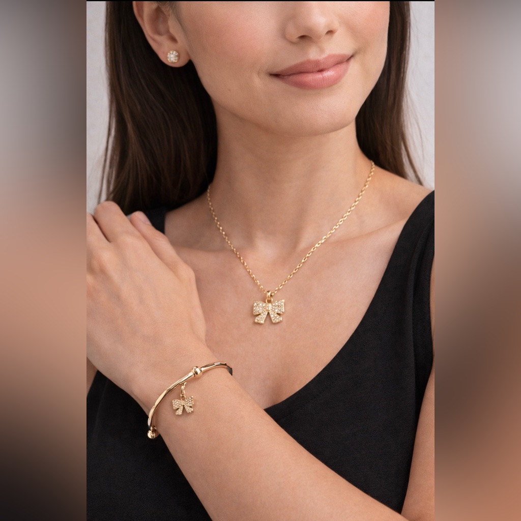 Goldtone Necklace Trio (Set Of 3) Cz Necklace Earrings Bracelet Bow Charms New